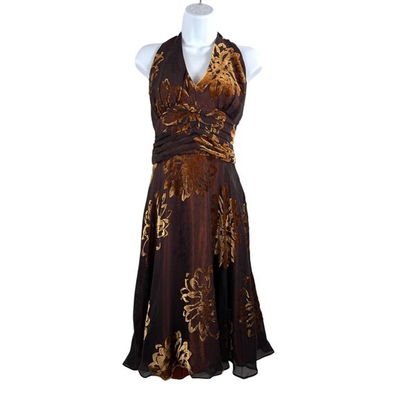VTG Signature By Robbie Bee brown Floral Halter Dress 12 Silk Blend whimsy goth - Picture 1 of 10